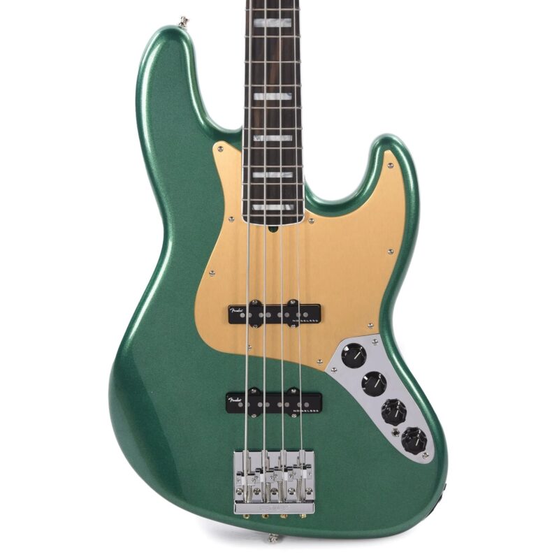 Fender American Ultra Jazz Bass Mystic Pine Green w/Ebony Fingerboard, Anodized Gold Pickguard, & Matching Headcap - The Guitar Rescue-The Guitar Rescue