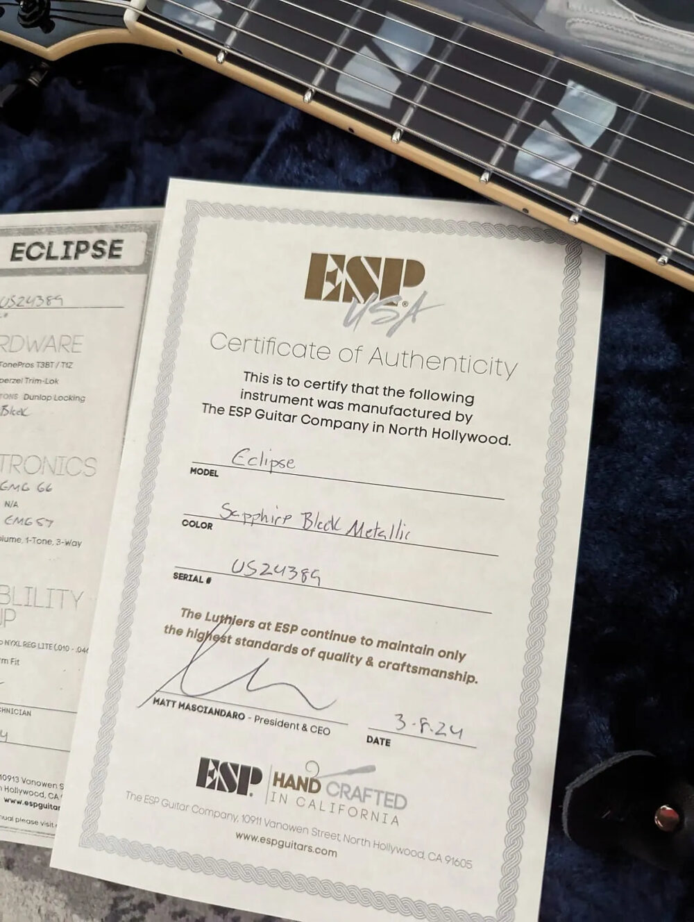 ESP USA Custom Shop Eclipse Sapphire Black Metallic 2024 w/OHSC - The Guitar Rescue-The Guitar Rescue